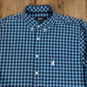 Johnnie-O Men's Long Sleeve Button-Up Size-L Blue Check Embroidered Surfer Shirt